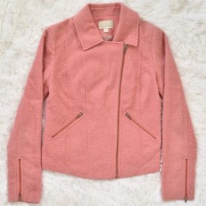 Hinge Pink Bouclé Tweed  Knit Zip Up Moto Jacket
